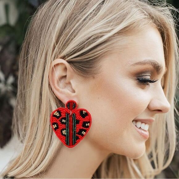 Red and Multicolor Beaded Boho Heart Leopard Print Dangling Post Back Earrings - Picture 5 of 7